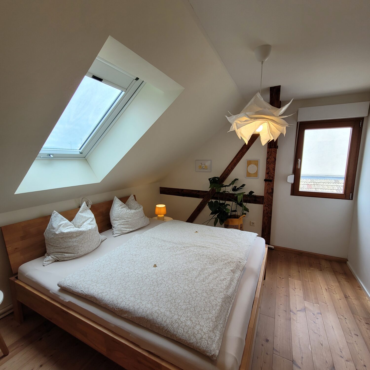 Lichtdurchflutetes Zimmer mit großem Bett